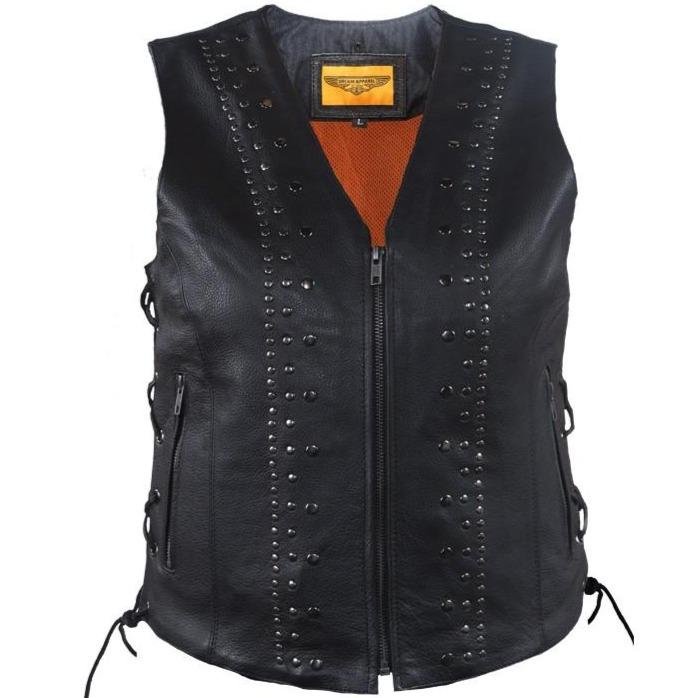 Women's Leather Motorcycle Vest with Satin Nickel Studs - SKU LV8510-DL