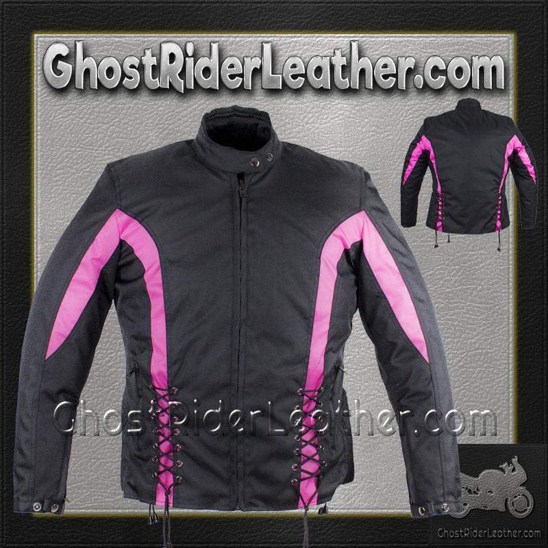 Ladies Textile Racing Jacket In Black and Pink - SKU LJ266-CCN-PINK-DL