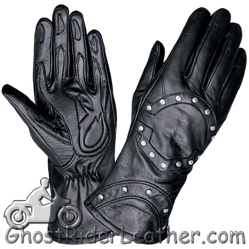 Ladies Full Finger Leather Motorcycle Riding Gloves With Studs - SKU GRL-1444.00-UN