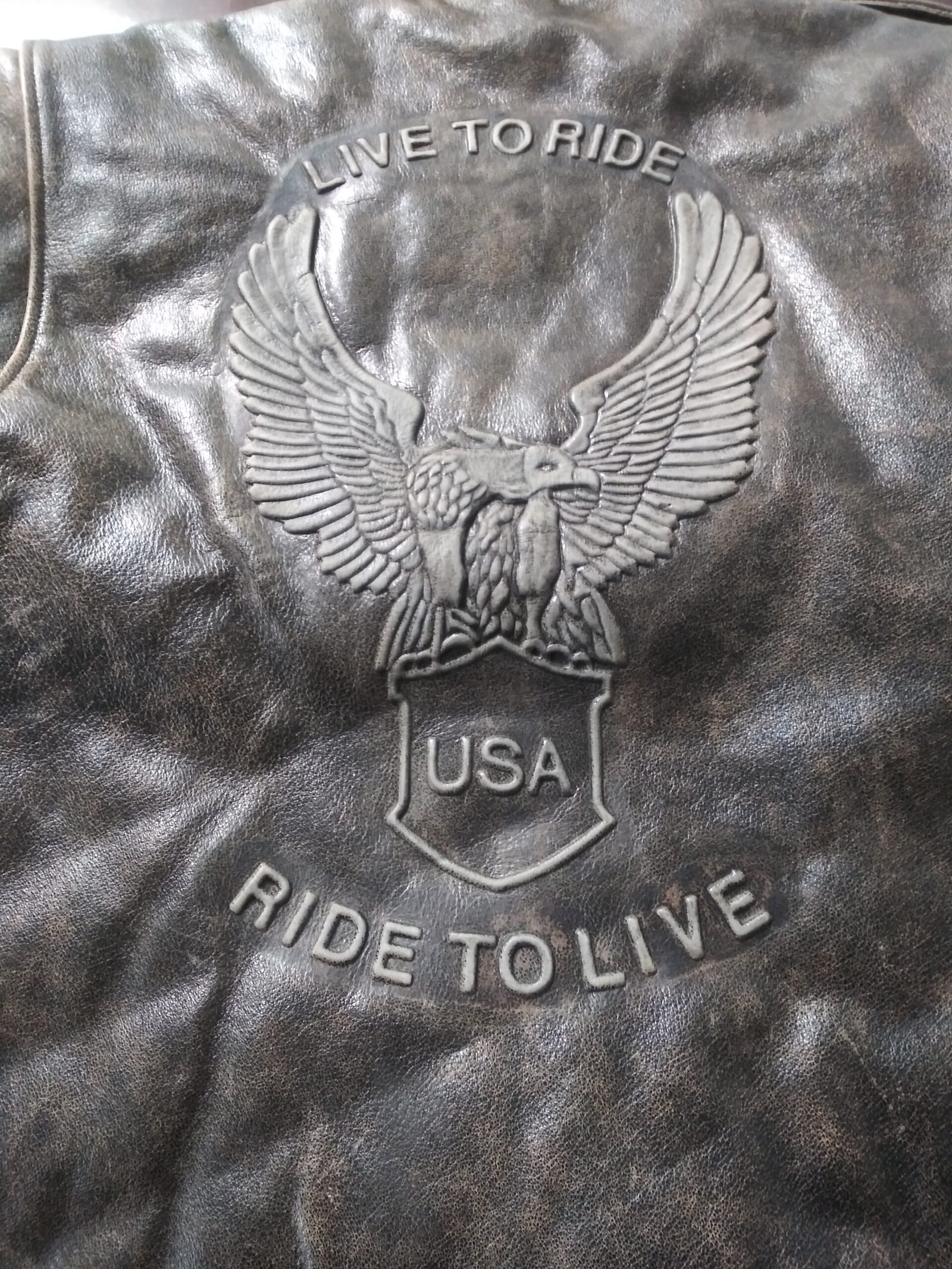 Embossed Eagle Retro Brown Motorcycle Jacket with Side Laces and Live To Ride - SKU MJ703-02-DL