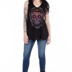 Women's V-Neck Calavera Lace Shirt - Skull - Daring Lace Back - 7551-DS