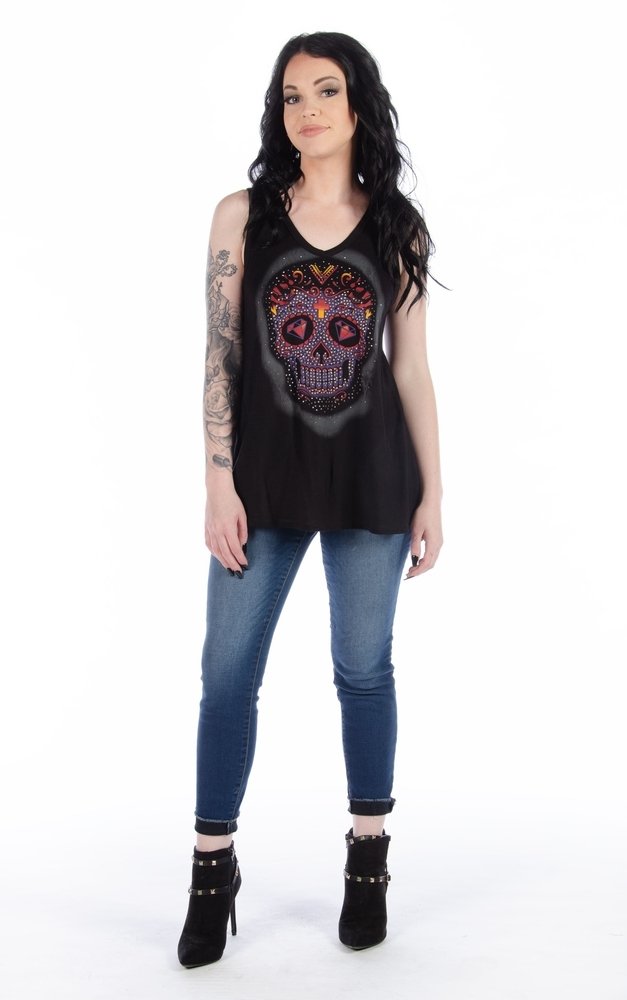 Women's V-Neck Calavera Lace Shirt - Skull - Daring Lace Back - 7551-DS