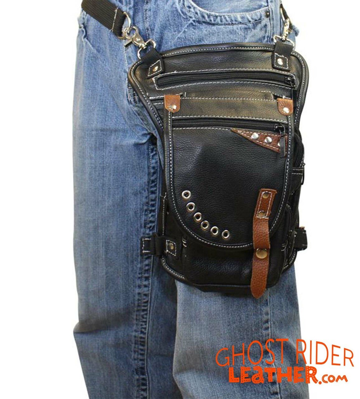 Leather Thigh Bag - Gun Pocket - Black - Touch of Brown - Motorcycle - AC1029-11-BRN2T-DL