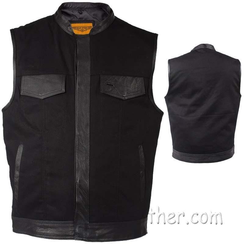 Mens Black Denim Club Vest with Leather Trim - SKU MV8019-ZIP-BD-DL