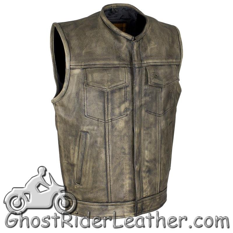 Leather Motorcycle Vest - Men's -  Distressed Brown - SOA Club - MV8007-ZIP-12-DL