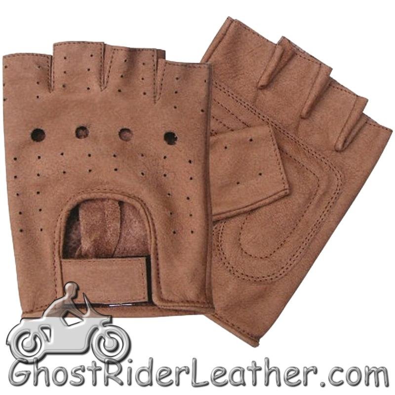 Leather Motorcycle Gloves - Fingerless - Brown - Unisex - AL3010-AL