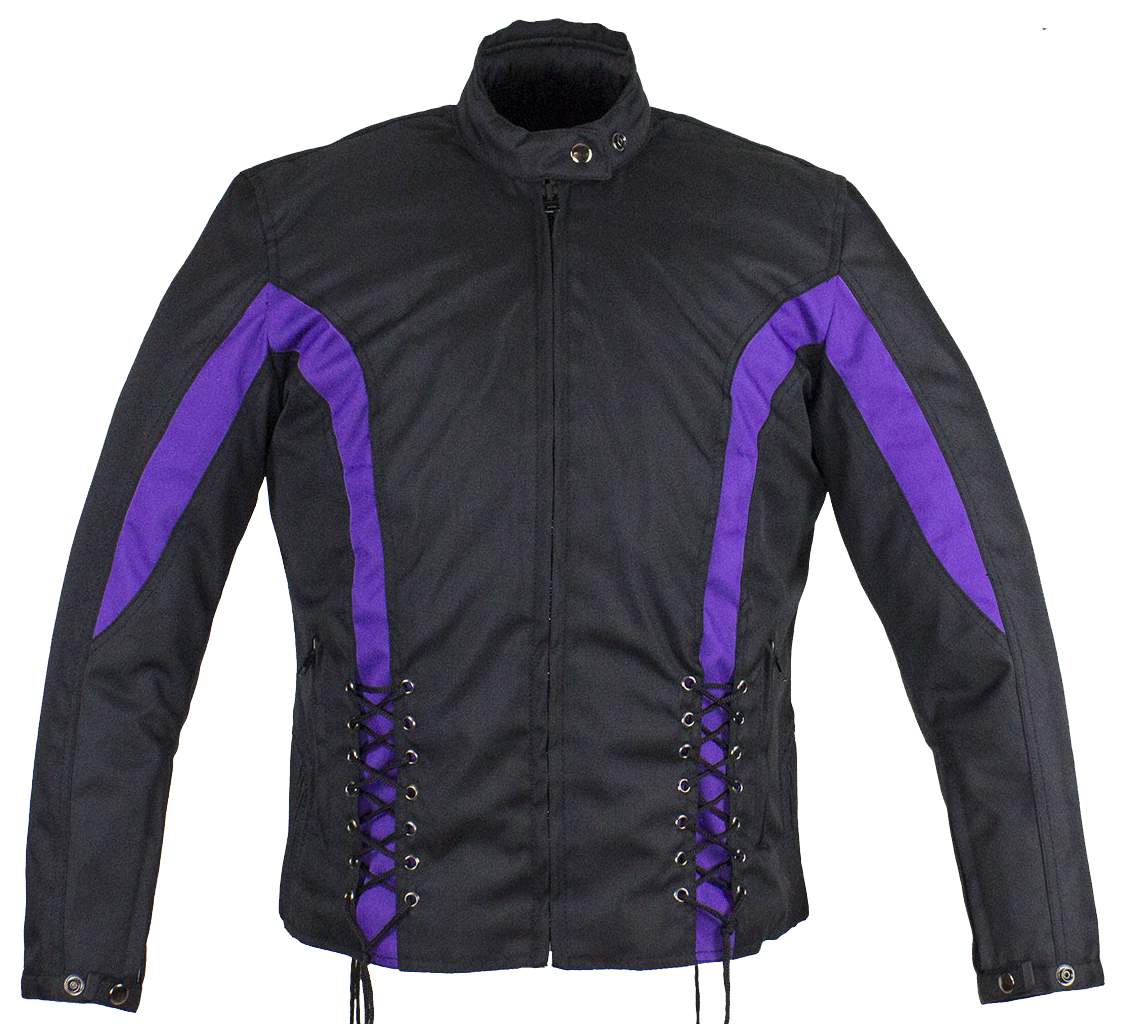 Ladies Textile Racing Jacket In Black and Purple - SKU LJ266-CCN-PURP-DL