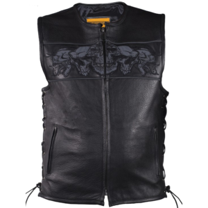 Leather Motorcycle Vest - Men's - Reflective Skulls - Gun Pockets - MV8025-11-DL