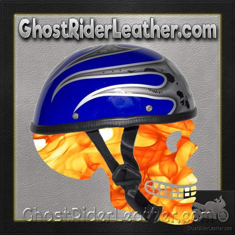 Novelty Motorcycle Helmet - Silver Skulls - Blue Flames - H401-D4-BLUE-1-DL