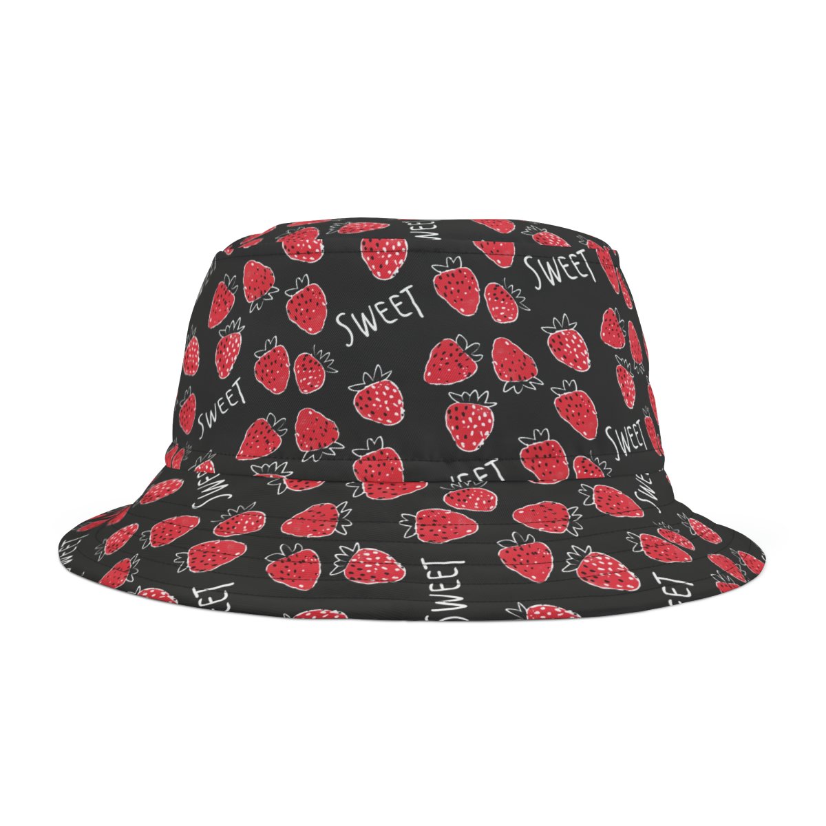 Sweet Strawberries Pattern - Text Sweet - Red on Black - Biker Bucket Hat