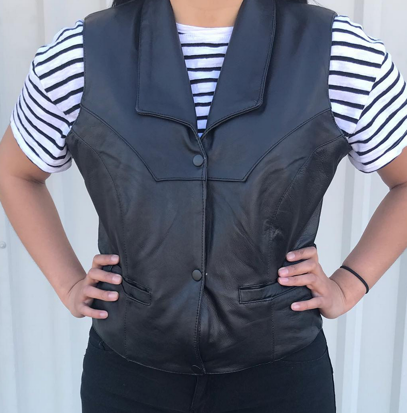 Leather Motorcycle Vest - Women's - Collar and Side Buckles - AL2305-AL