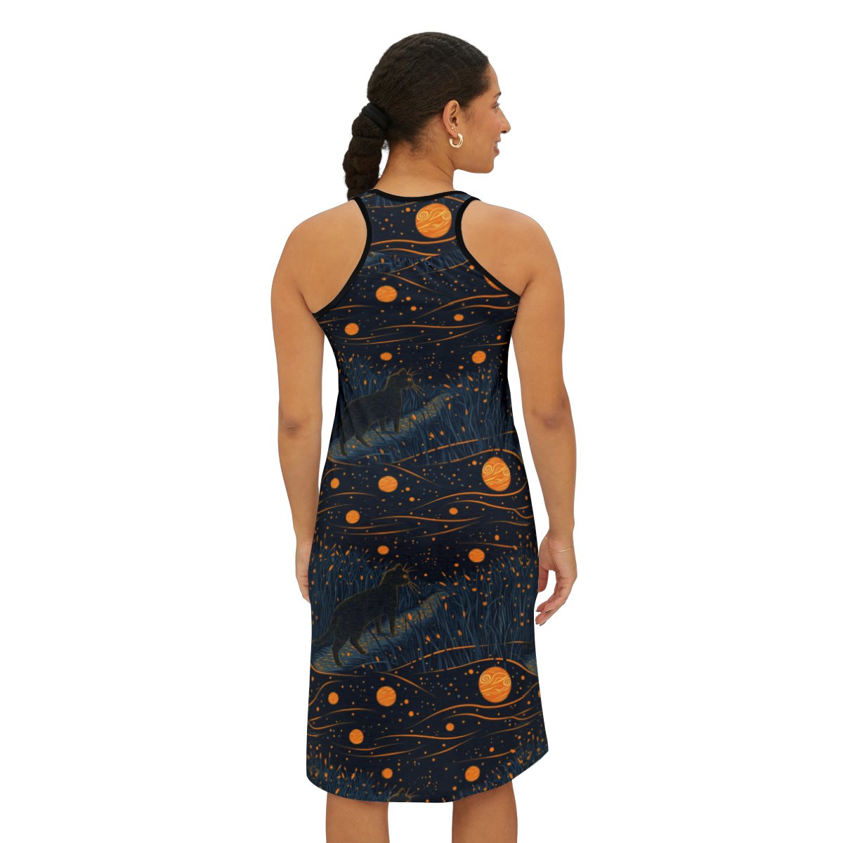 Cat in the Night Sky - Dark Blues Orange Gold Multi Color - Women's Racerback Dress