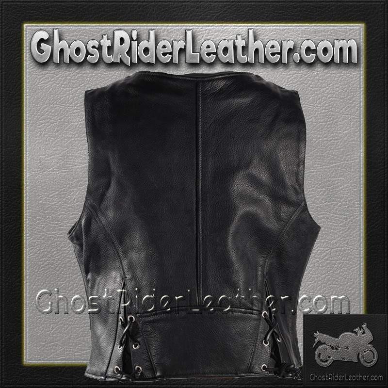 Women's Leather Motorcycle Zipper Vest with Concealed Carry Pockets - SKU LV8507-DL