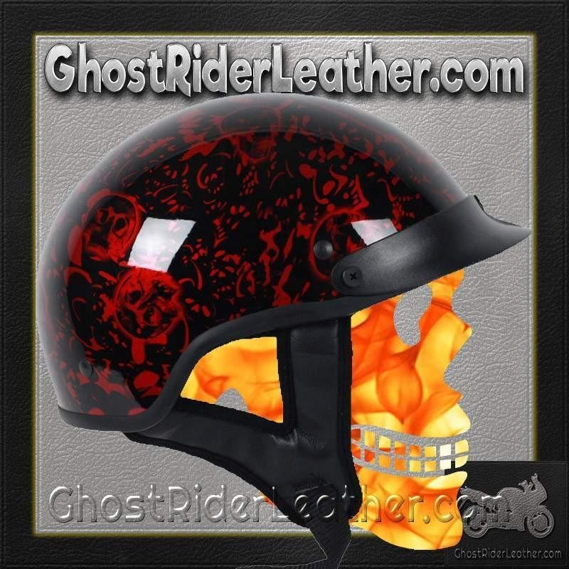 DOT Motorcycle Helmet - Gloss Red - Boneyard Skulls - Shorty - 1BYR-HI