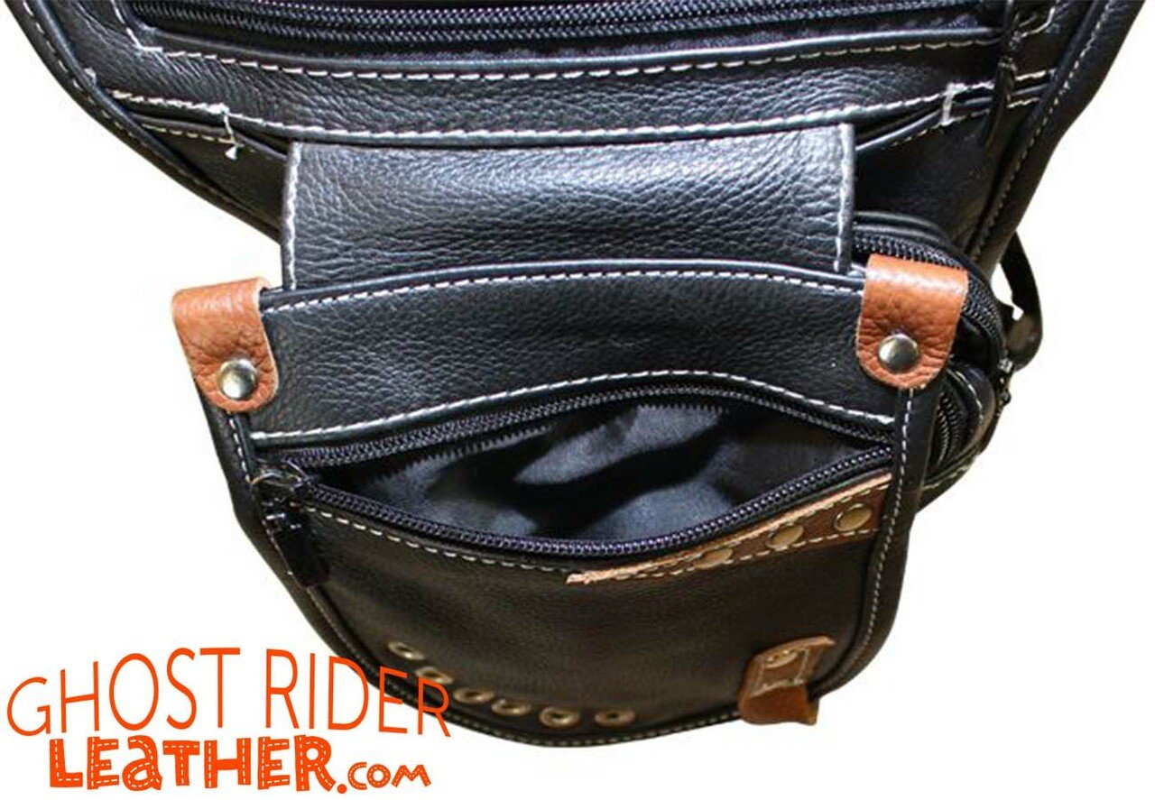 Leather Thigh Bag - Gun Pocket - Black - Touch of Brown - Motorcycle - AC1029-11-BRN2T-DL