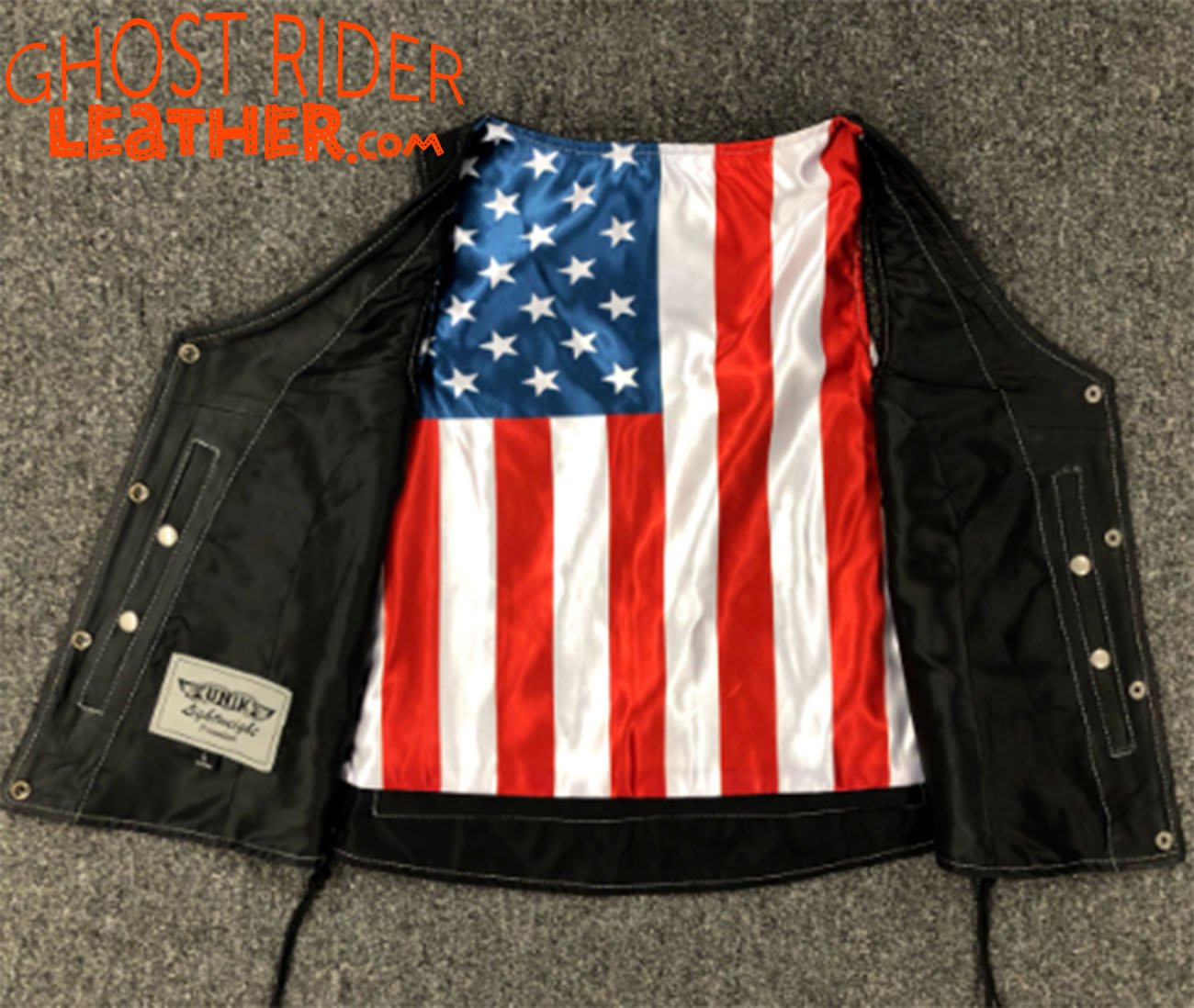 Leather Vest - Women's - USA Flag Liner - Side Laces - 6890.USA-UN