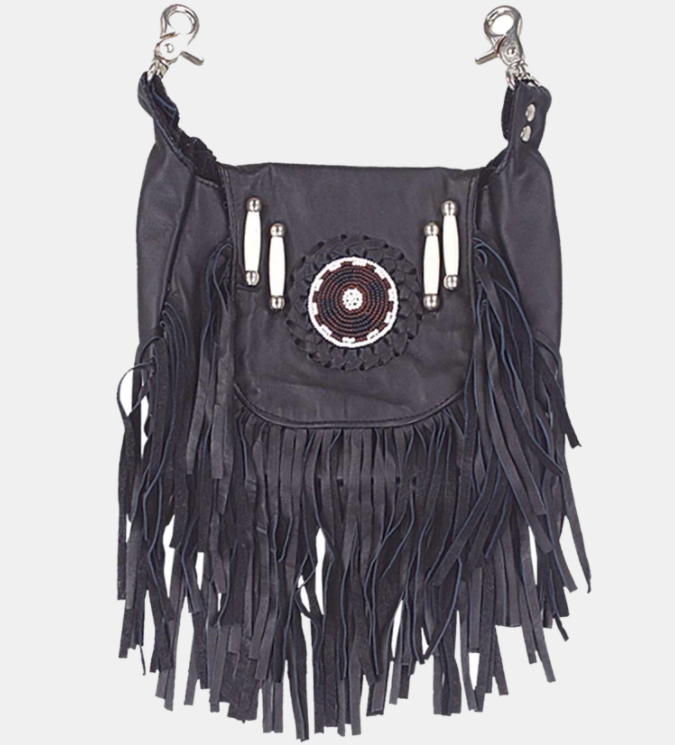 Leather Clip On Bag - Beaded - Fringe - Black - Belt Bag - 2114-00-UN