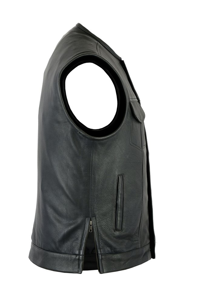 Leather Motorcycle Vest - Men's - Gun Pockets - 10" Zipper - Up To 12XL - RC187-DS