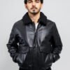 Leather Bomber Jacket - Men's - Black - Faux Shearling Collar - FMM219BP-FM