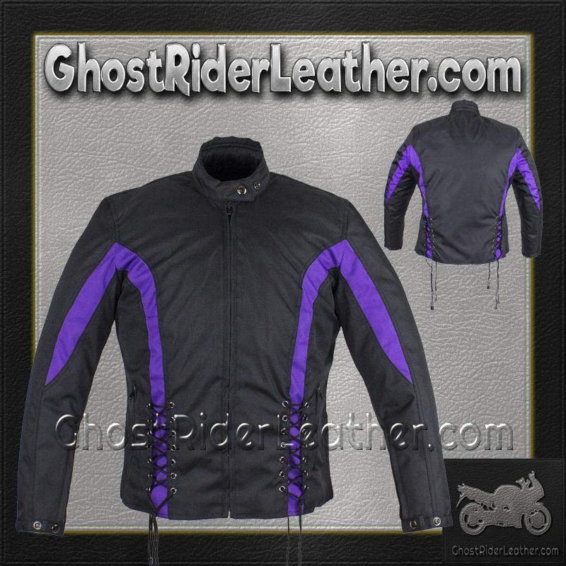 Ladies Textile Racing Jacket In Black and Purple - SKU LJ266-CCN-PURP-DL