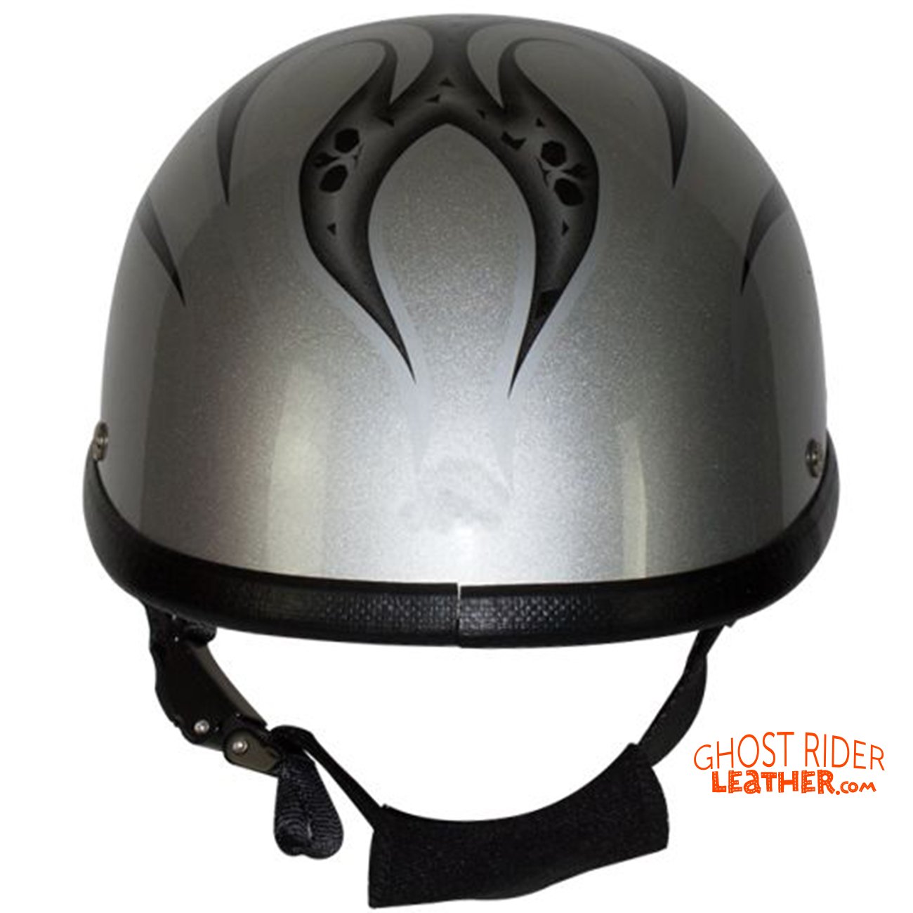 Novelty Motorcycle Helmet - Silver Skulls - Silver Flames - H401-D4-SILVER-DL