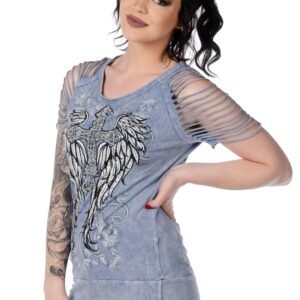 Women's Sliced Short Sleeve Shirt - Cross and Wings - 7746-DS