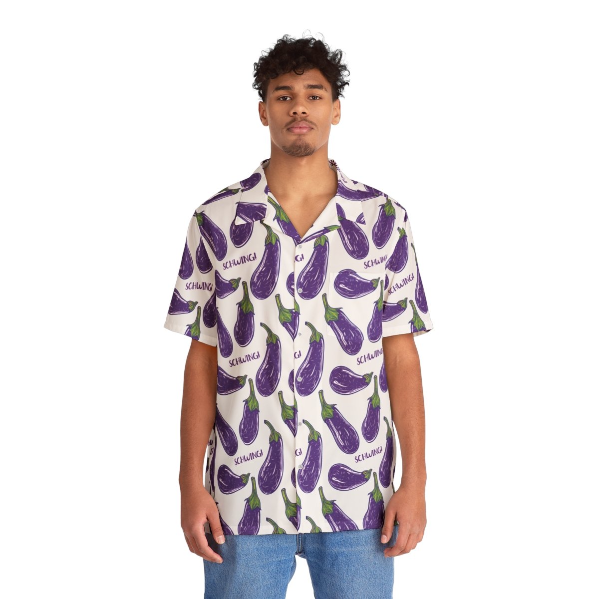 Doodle Eggplant Emoji - Text Schwing - Purple Green on White - Men's Hawaiian Shirt