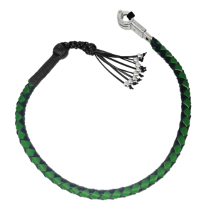 Get Back Whip - Black and Green Leather - 36 Inches - Monkey Fist and Skulls - Motorcycle Accessories - FGBW4-HS-DL