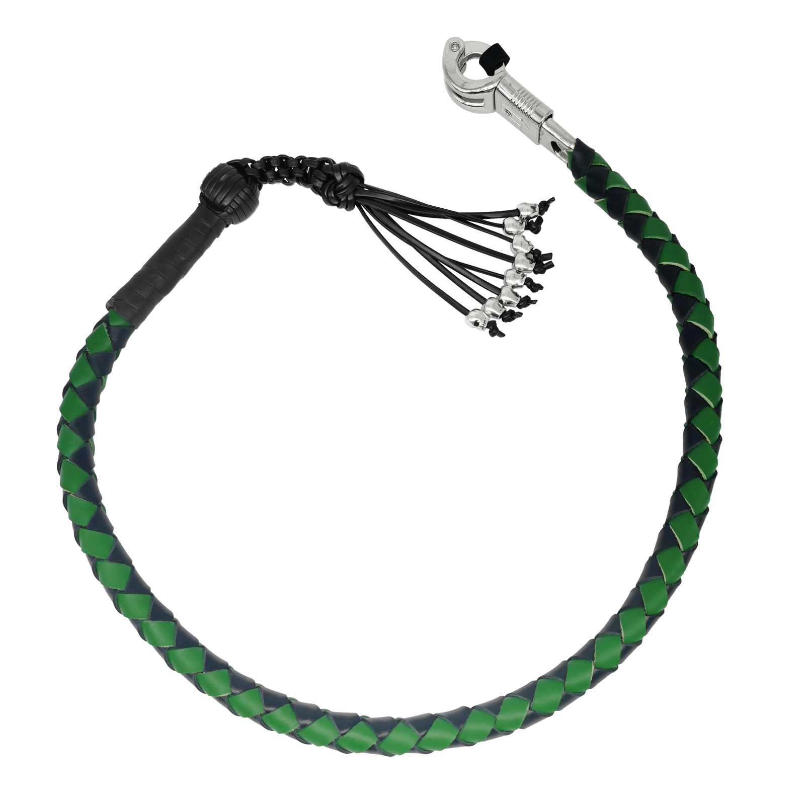 Get Back Whip - Black and Green Leather - 36 Inches - Monkey Fist and Skulls - Motorcycle Accessories - FGBW4-HS-DL