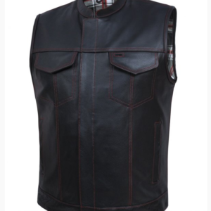 Leather Motorcycle Vest - Men's -  Black and Red Flannel Liner - 6664-01-UN