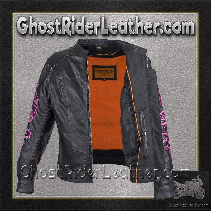 Ladies Racer Leather Jacket With Studs and Hot Pink Sleeve Design - SKU LJ7018-HOTPINK-11-DL