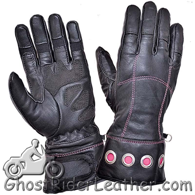 Ladies Full Finger Leather Motorcycle Riding Gloves With Hot Pink Stitching - SKU GRL-8332.24-UN
