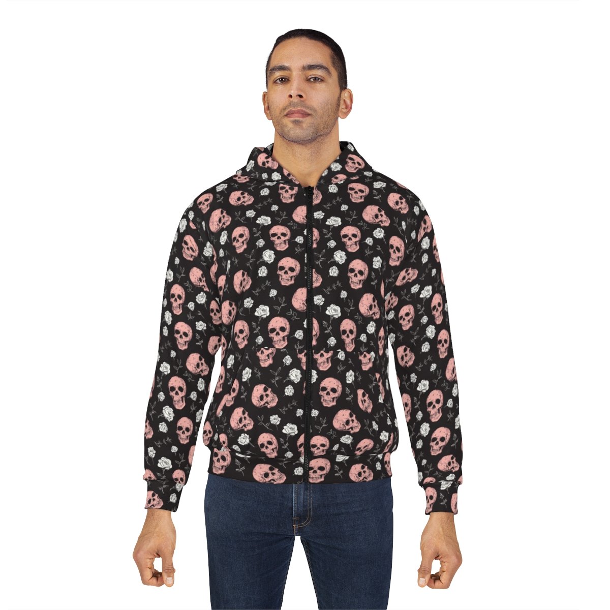 Sugar Skulls and Roses - Pink White on Black - Unisex Zip Hoodie (AOP)