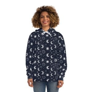 Sun Moon Stars - White on Midnight Blue - Fashion Hoodie (AOP)