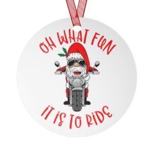Christmas Ornament - Santa - Motorcycle - Red - Green - Round - Metal Ornaments