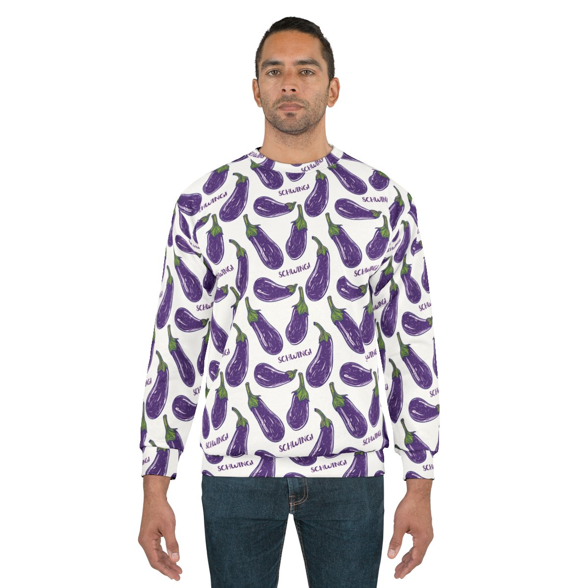 Doodle Eggplant Emoji - Text Schwing - Purple Green on White - Unisex Sweatshirt