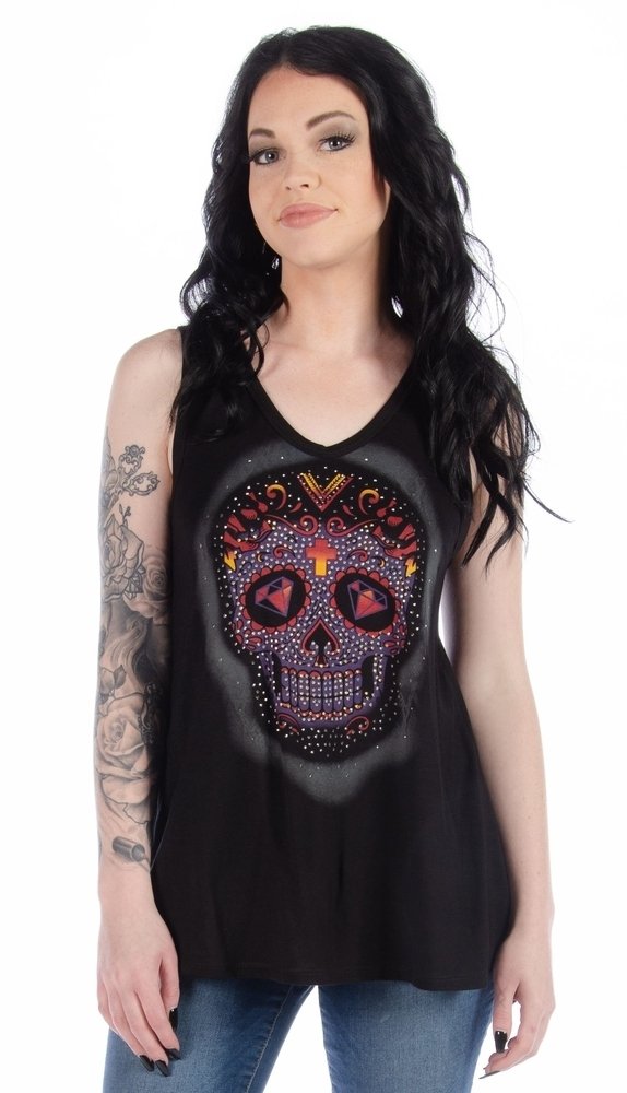 Women's V-Neck Calavera Lace Shirt - Skull - Daring Lace Back - 7551-DS