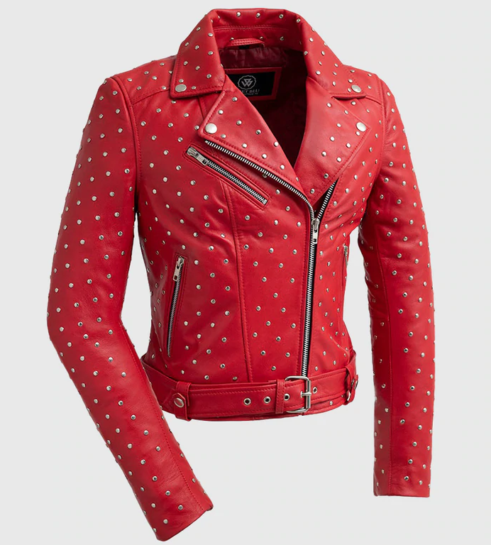 Red Leather Motorcycle Jacket - Women's - Handcrafted Studs - Claudia - WBL1723-RED-FM