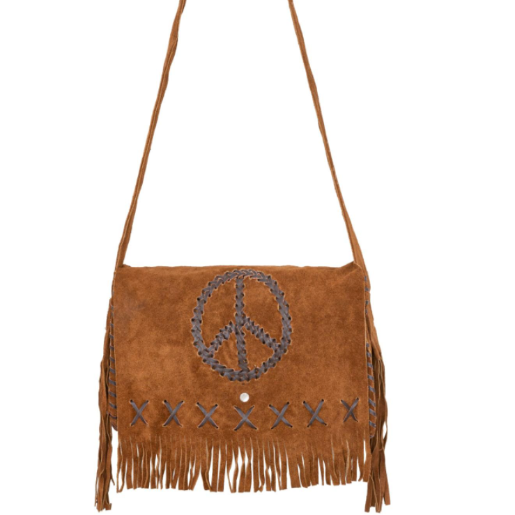 Brown Suede Leather Purse - Peace Sign - Fringe - Handbag - Large - AC2051-DL