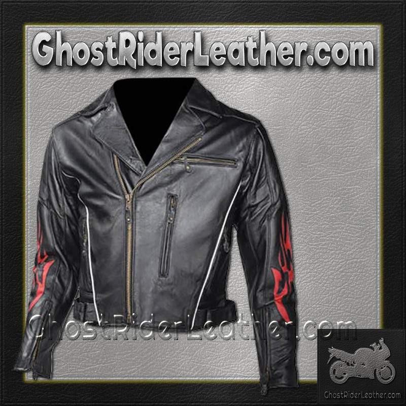 Leather Motorcycle Jacket -Men's - Red Flames and Reflective Piping - MJ781-DL