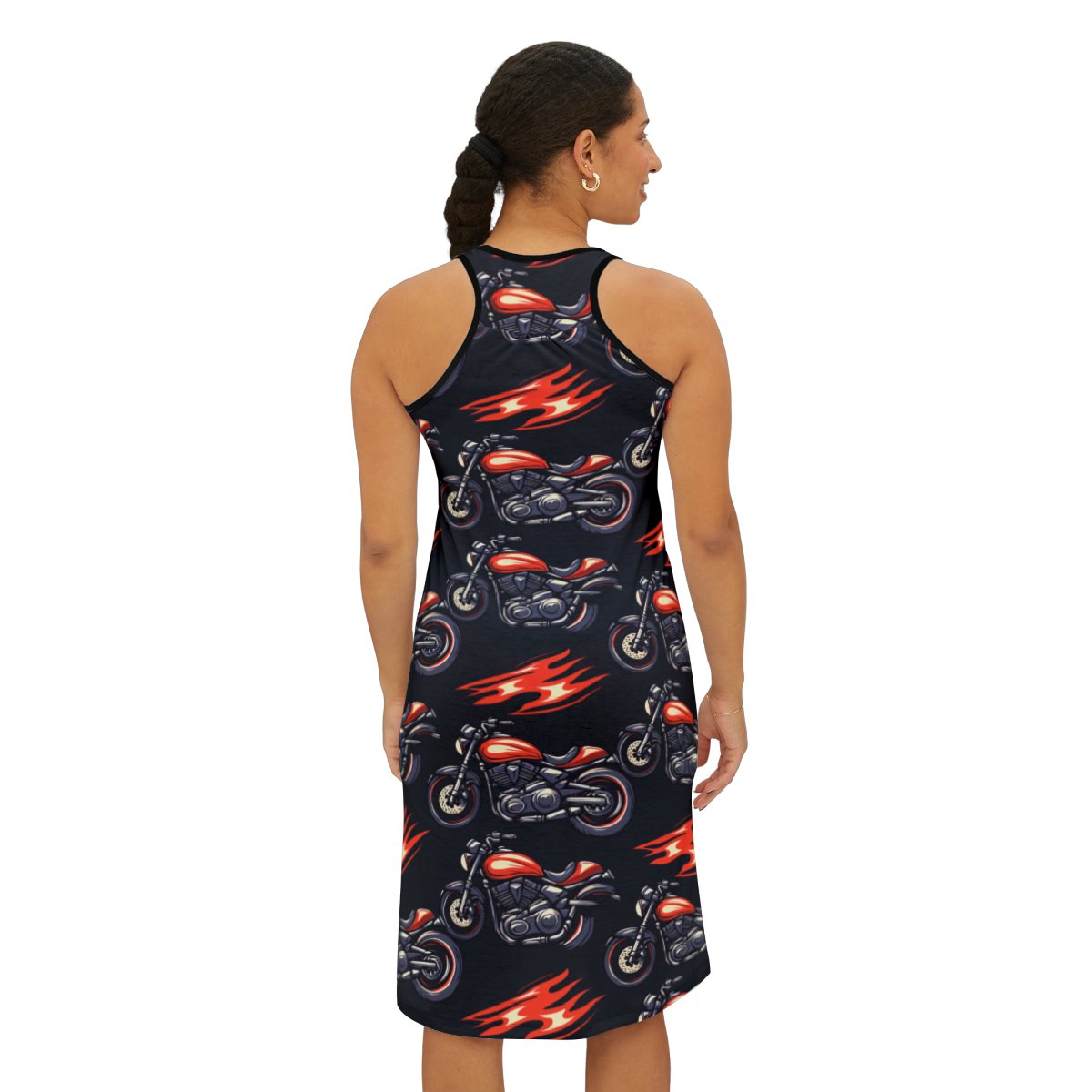 Motorcycles and Flames - Red Orange on Black - Women's Racerback Dress (AOP)