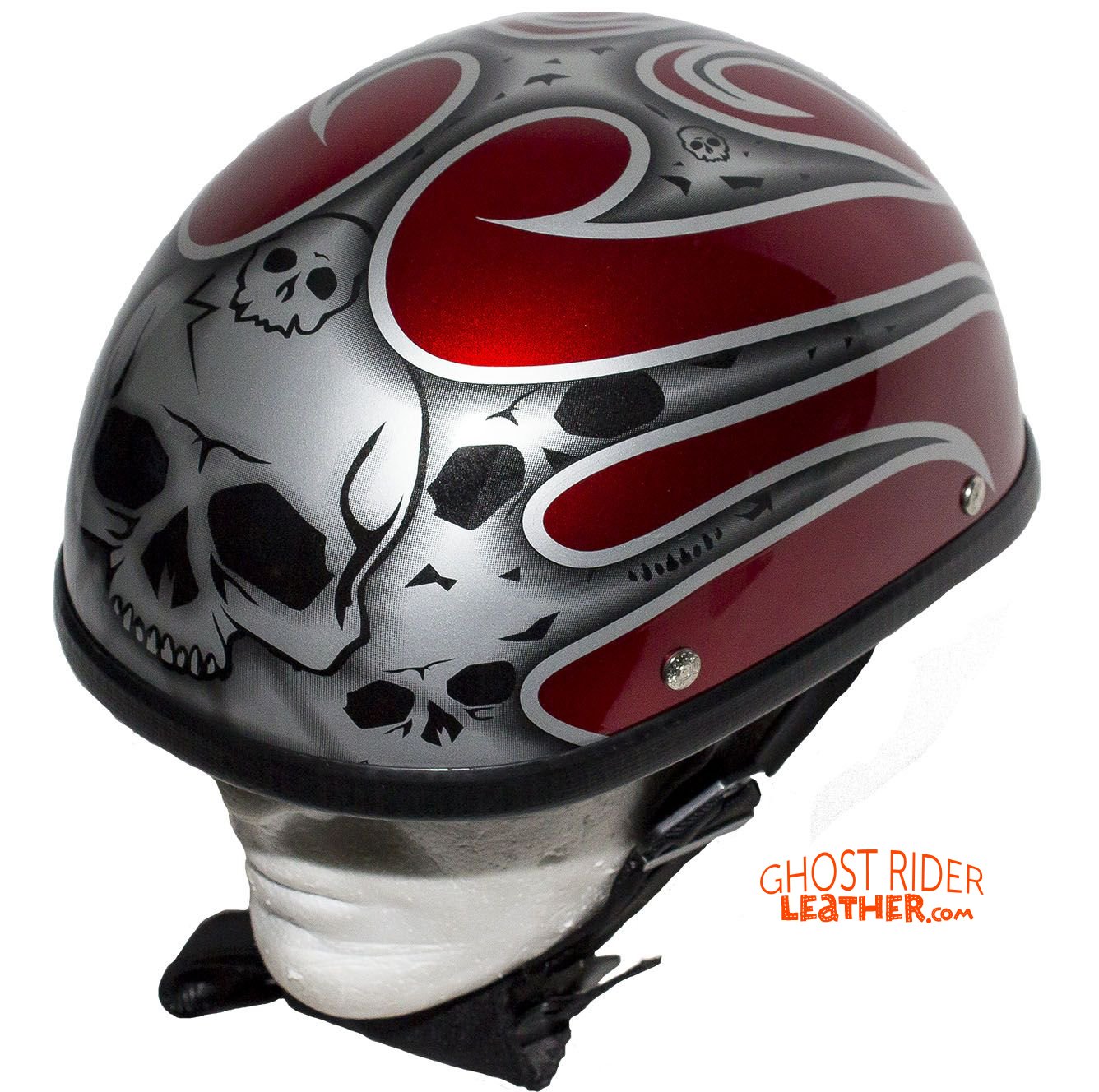 Novelty Motorcycle Helmet - Silver Skulls - Burgundy Flames - H401-D4-BURG-1-DL