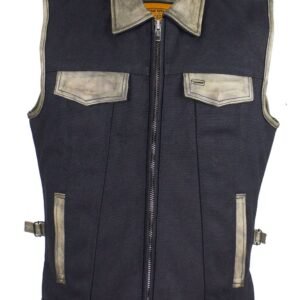 Canvas and Leather Motorcycle Vest - Men's - Distressed Brown - MV8010-CV12-DL