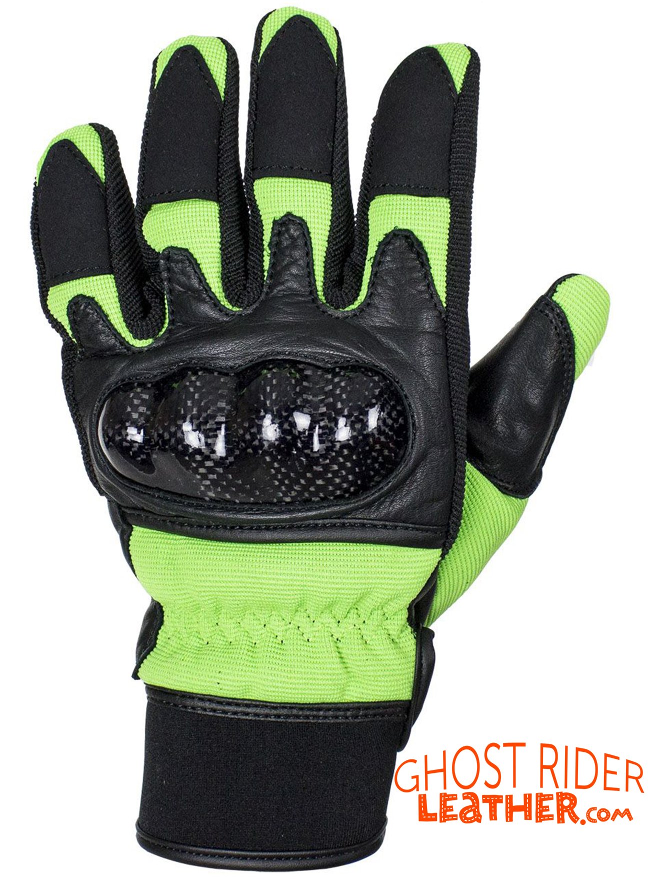 Leather Gloves - Men's - Full Finger - Knuckle Protector - Green - GLZ108-GREEN-DL