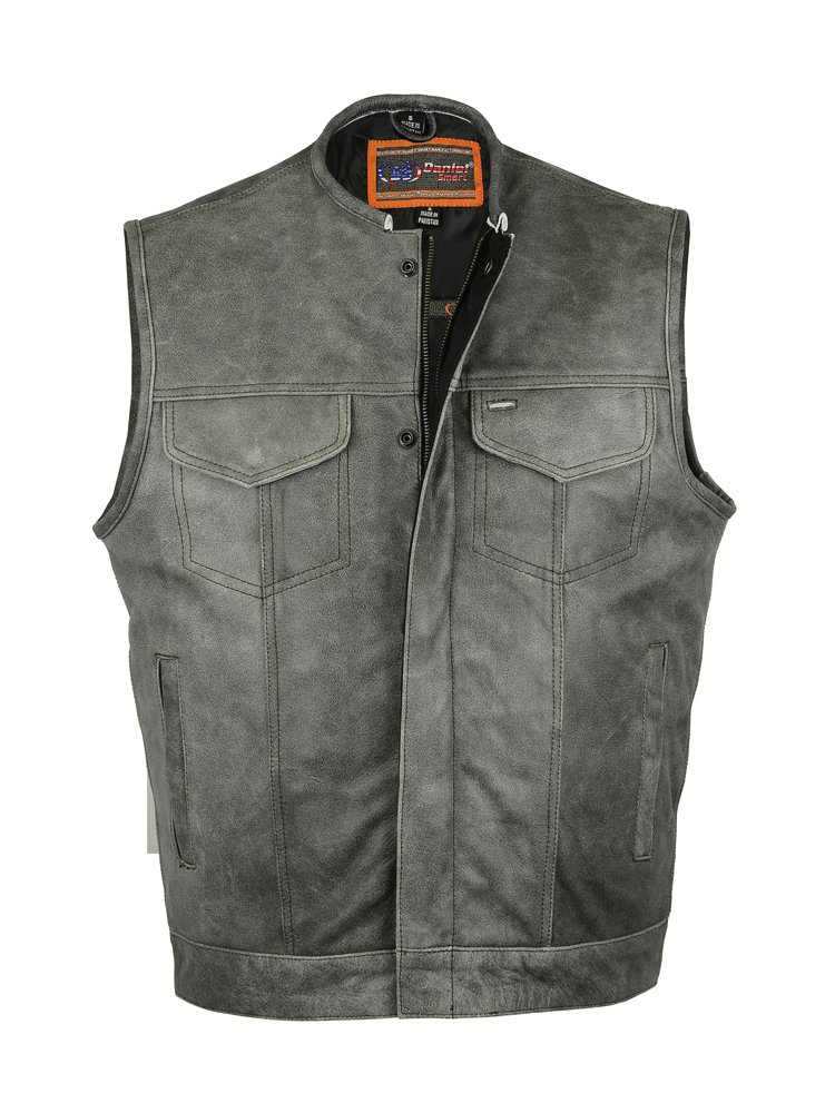 Leather Motorcycle Vest - Men's - Gray - Gun Pockets - Up To 12XL - DS191V-DS