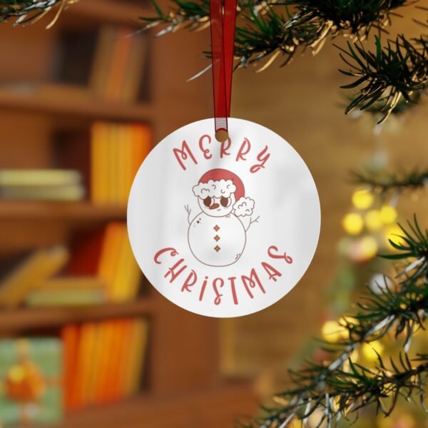 Merry Christmas Ornament - Snowman - Red - Green - Round - Metal Ornaments