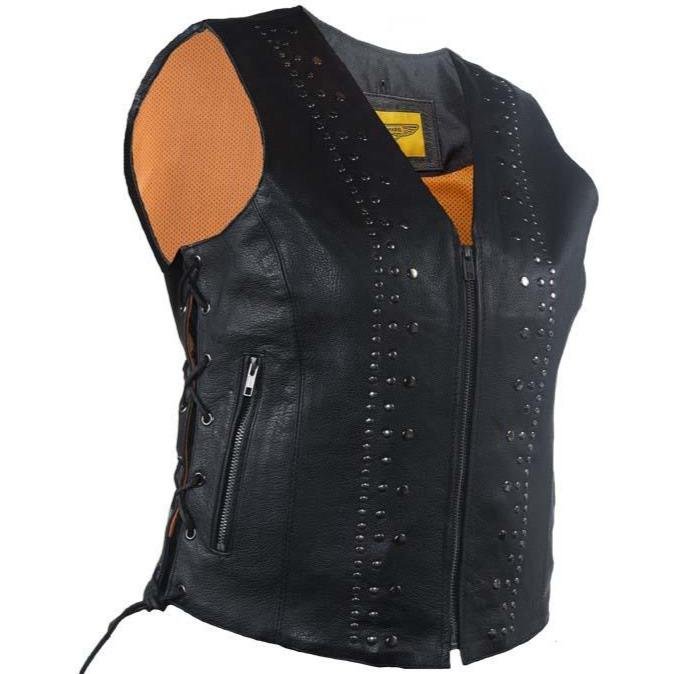 Women's Leather Motorcycle Vest with Satin Nickel Studs - SKU LV8510-DL