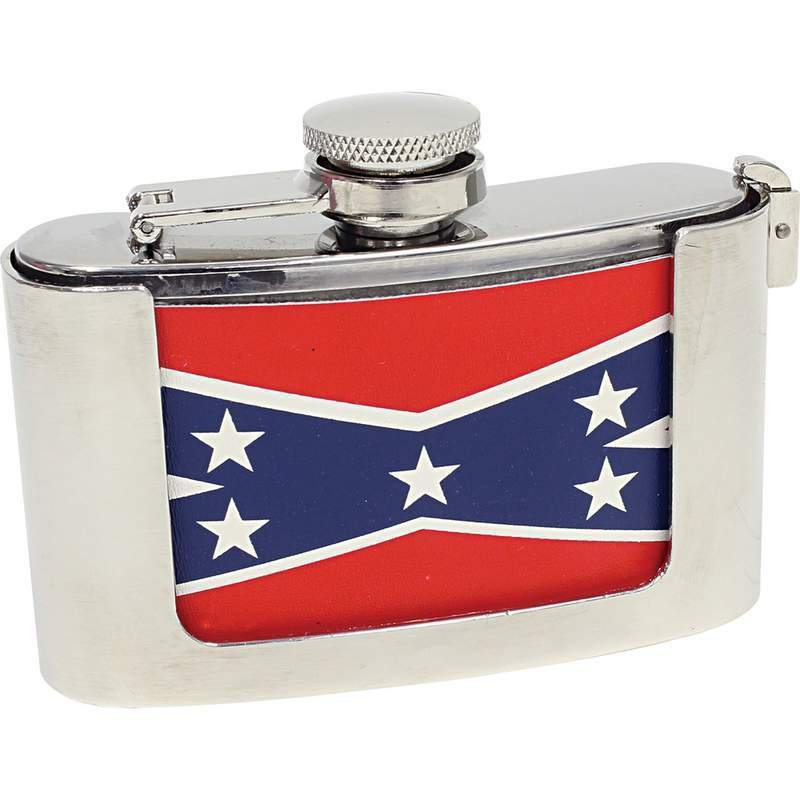 Be A Rebel 3oz Stainless Steel Belt Buckle Flask with Rebel Flag - KTFLASKBKRBL-BN