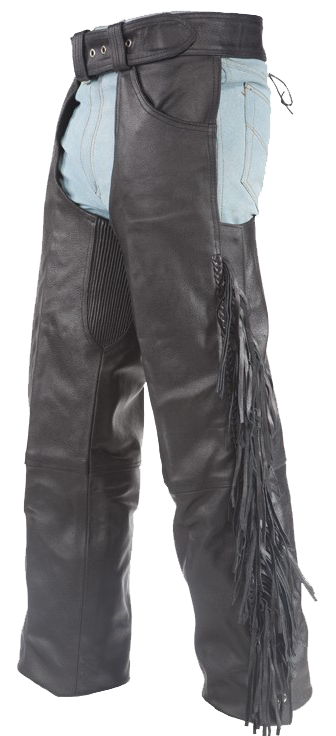 Mens Ladies Unisex Leather Chaps with Braid and Fringe - SKU C337-04-DL
