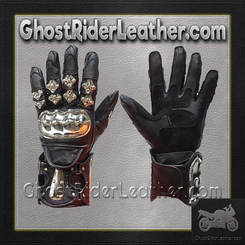 Leather Gloves - Men's - Racing Gauntlets - Metal Knuckle Protectors - GLZ8-DL